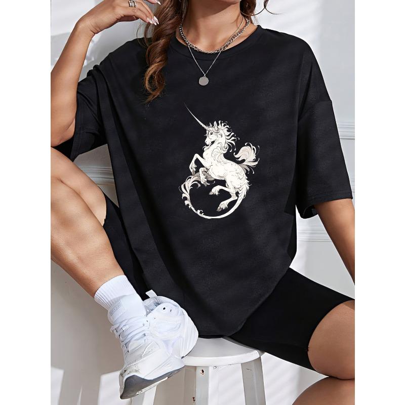 Weißes Kurzarm-T-Shirt mit Einhorn-Print für Freizeitkleidung
