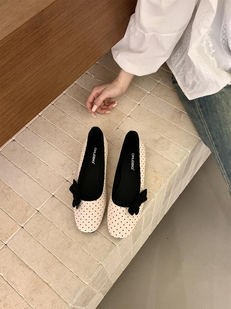 Girly Bow Polka Dot Mary Jane Shoes Women'S Shallow Mouth Round Head One Pedal Ballet Shoes Flat Shoes