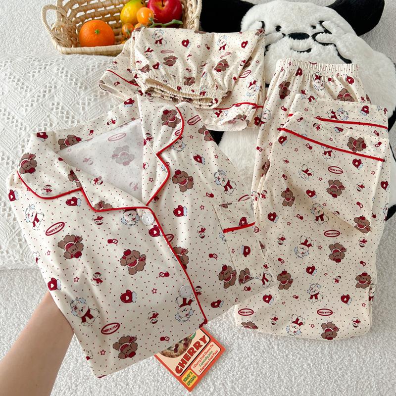 

Мультяжная пижама с щенком-яблоком с коротким рукавом Женская летняя милая домашняя одежда Комплект из трех предметов с коротким рукавом M