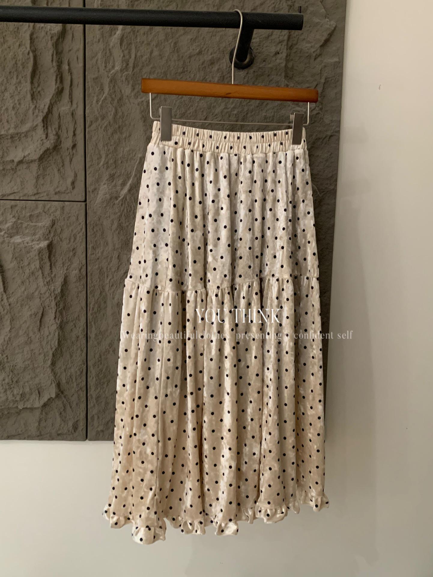 Winter Korean-Style Velvet Polka Dot A-Line Skirt One Size бежевый