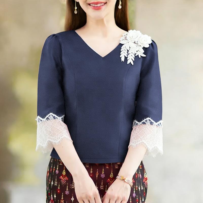 ZANZEA Women Casual V-Neck Lace Crochet Splice 3/4 Sleeve Blouse