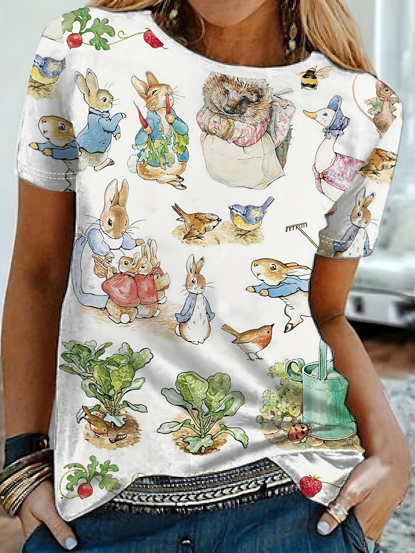 

Весенний принт с кроликами, причудливый животный и садовый узор, женский топ с круглым вырезом и короткими рукавами XL
