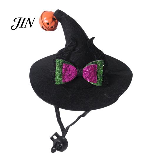 Elastic Strap Pet Hat Halloween Cat Wizard Hat, Bent Pointed with Pumpkin Bell, Small Dog Sequined Bow Festive for Cats Dogs