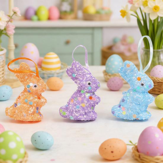 6Pcs Easter Foam Bunny Decorations Colorful Glitter Bunny And Egg Shapes Simple Hanging Wall Art for Party Spring Crafts Kindergarten And Home Decor