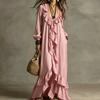 Women Casual Long Sleeve Dress V Neck Ruffle Trim Maxi Dress Retro Style Loose Fit Bohemian Dress