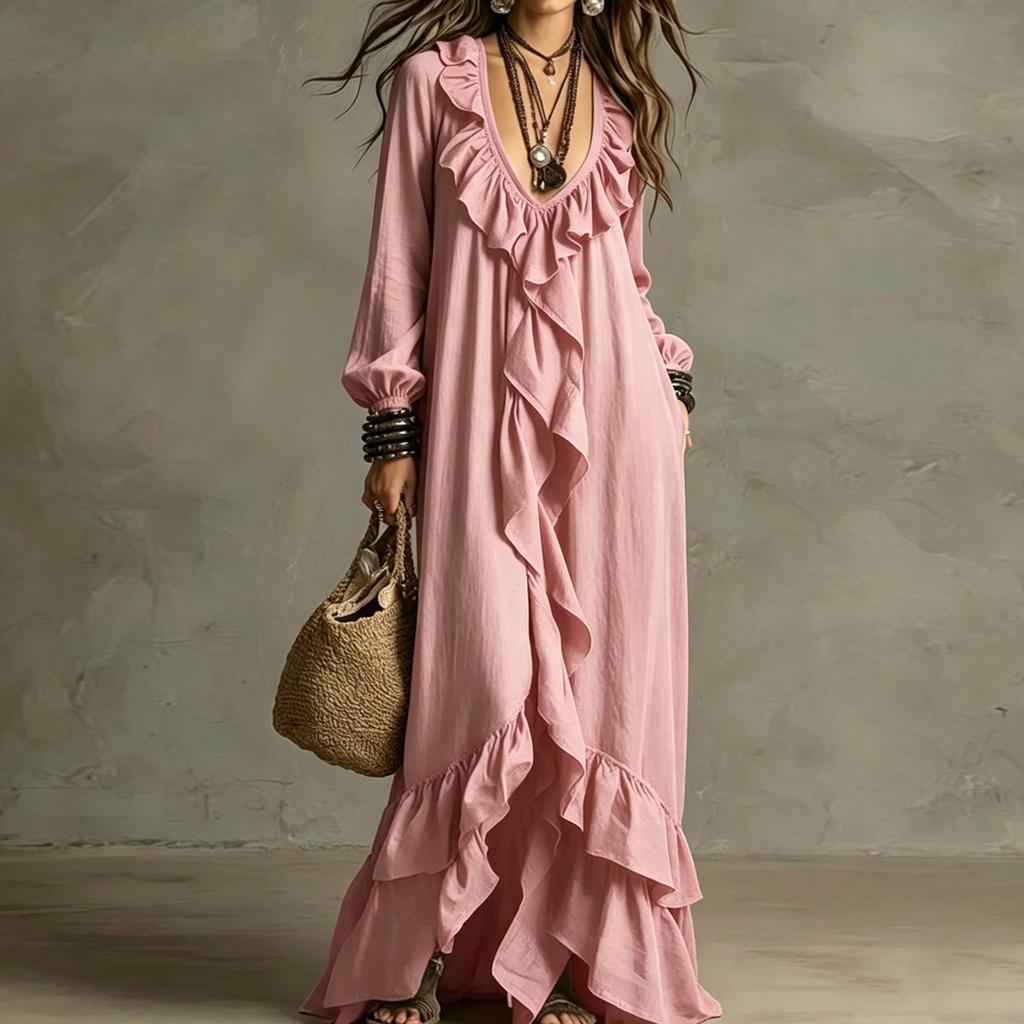 Women Casual Long Sleeve Dress V Neck Ruffle Trim Maxi Dress Retro Style Loose Fit Bohemian Dress
