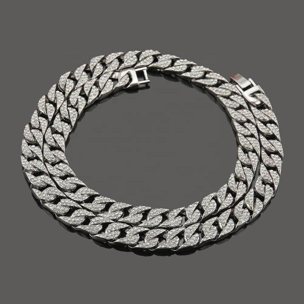 Hot Selling Unisex Silver Plated Hip Hop Necklace Zinc Alloy Strand Chain with Zircon Gemstone for Parties