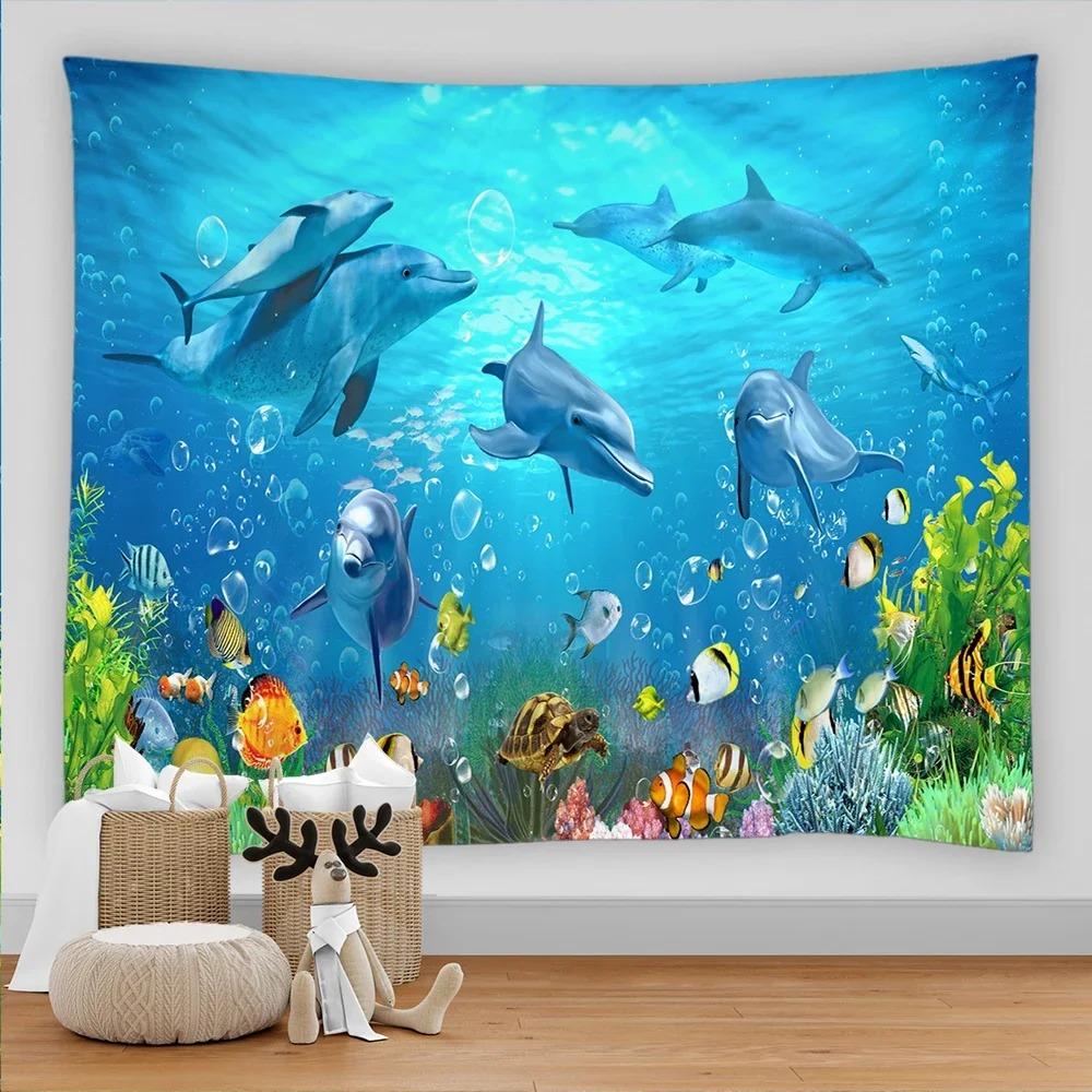 Marine Animal Home Decorative Fabric 3D Digital Printing Tapestry Psychedelic Undersea World Sea Fish Dolphin