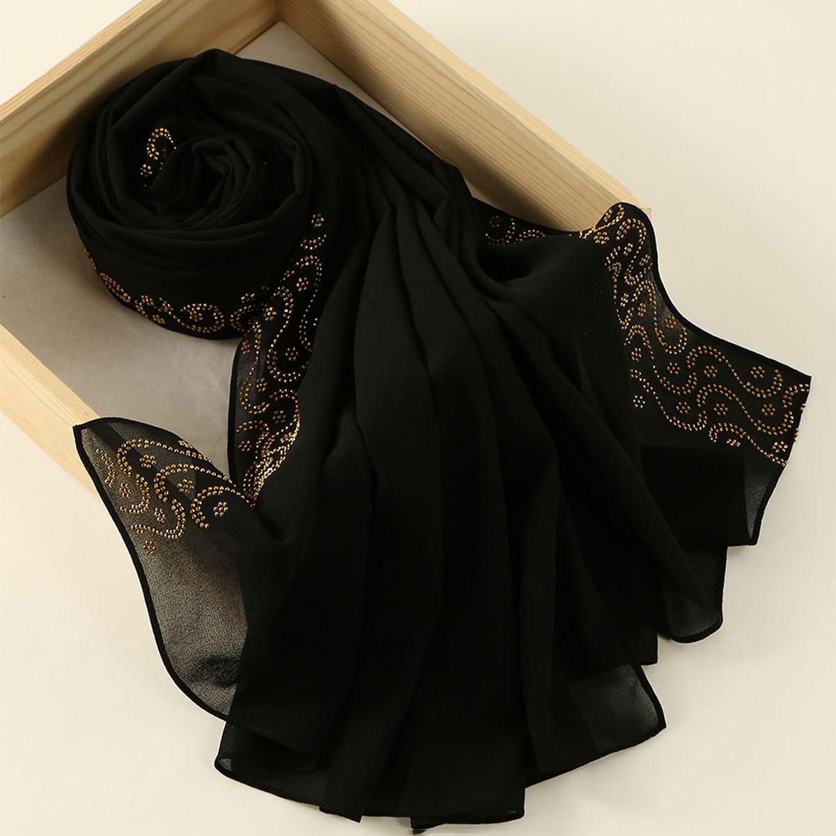 

New Rhinestone Chiffon Hijab Scarf For Women Stretch Shawl Plain Muslim Headband Fashion Solid Color Long Muffler