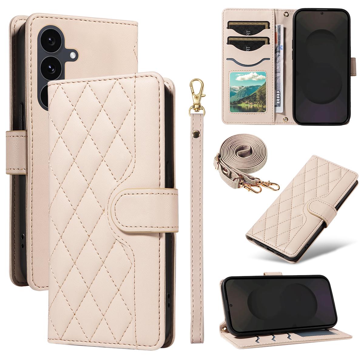 

For Samsung Galaxy S25 FE Wallet Case Rhombus Leather Phone Cover with Strap Apricot