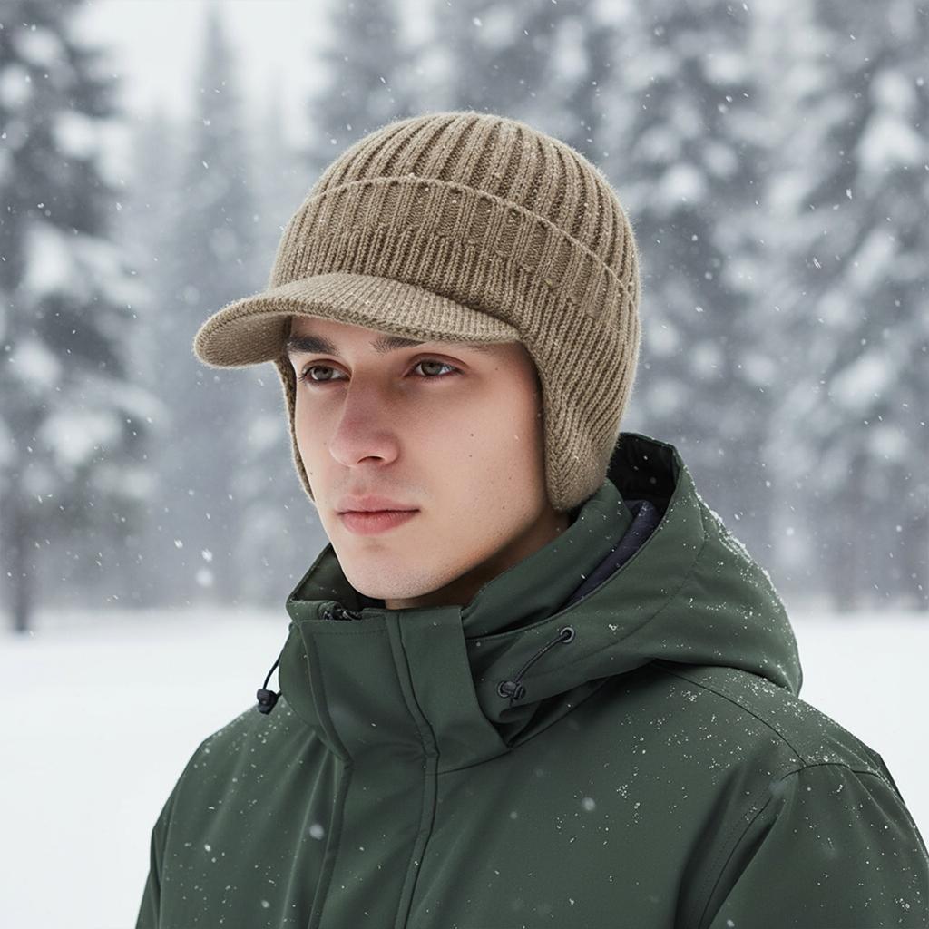 Men Women Winter Warm Knitted Beanie Ear Flap Fleece Lined Short Brim Skullies Cap Outdoor Ski Cycling Cold Weather Earmuff Hat