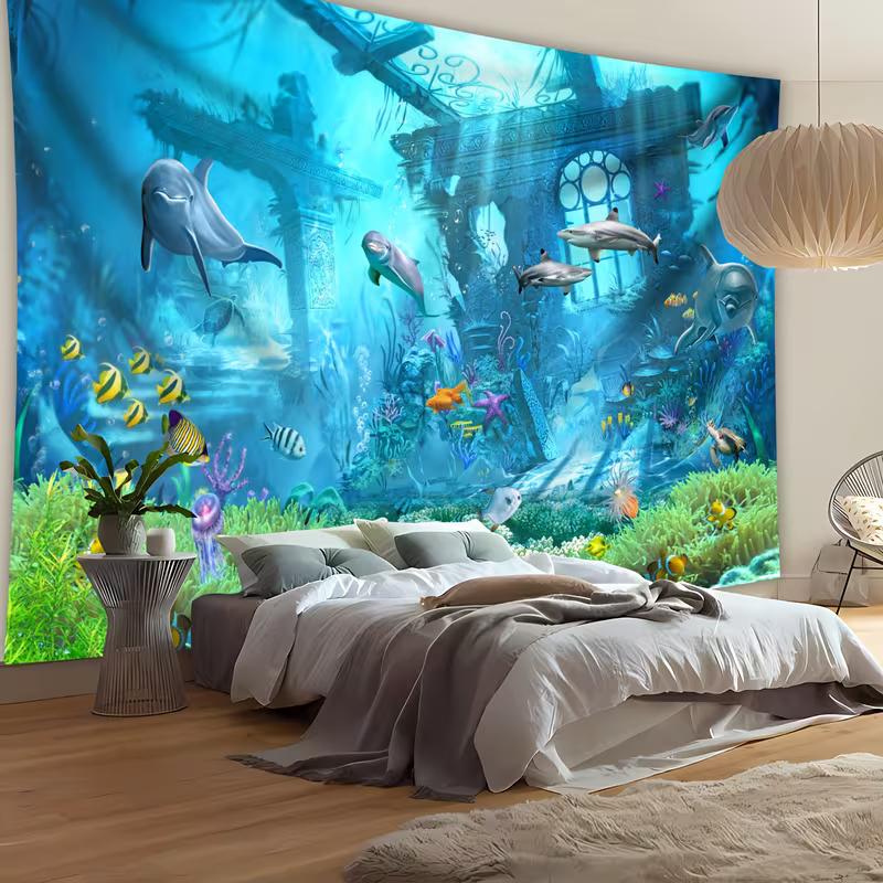 2D Coral Reef Underwater Tapestry for Aquarium & Ocean Party Photo Booth Background
