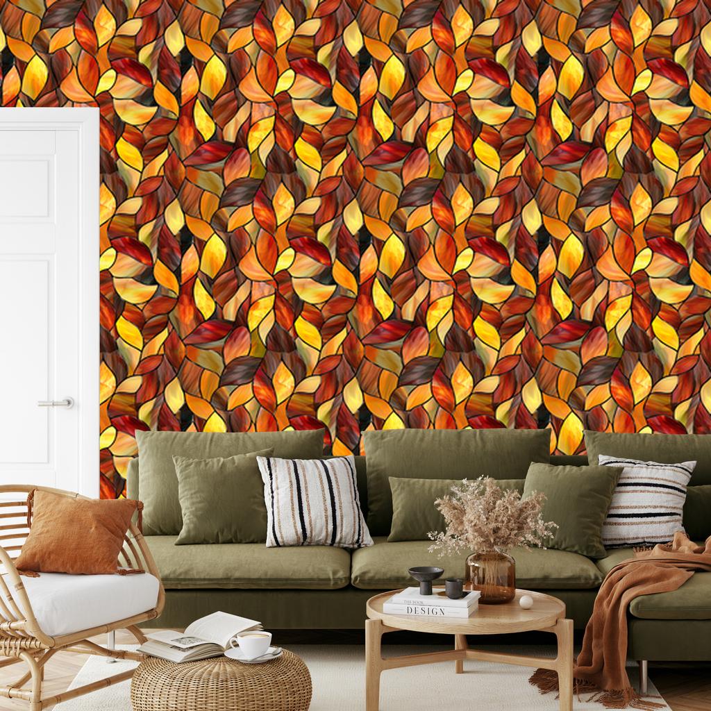 Stained Glass Wallpaper Gold, Orange and Rust for Living Room and Bedroom 50x1000