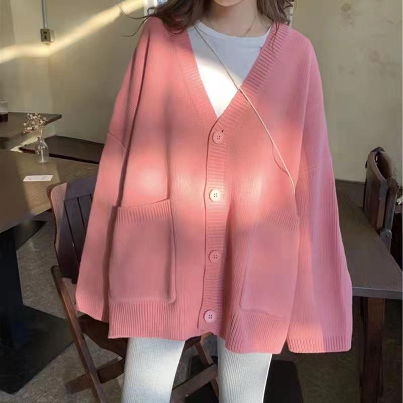 Autumn Winter V-neck Loose Casual Solid Color Knitting Coat Women Simple All-match Sweater Outwear Top