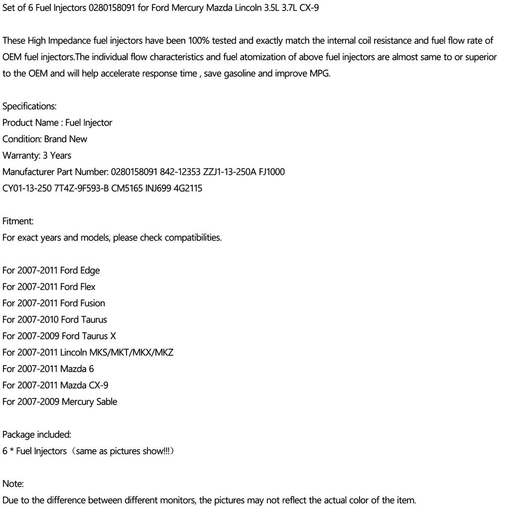 6PCS Fuel Injectors 0280158091 Fit for Ford Fit for Mazda Fit for Lincoln 3.5L 3.7L CX-9