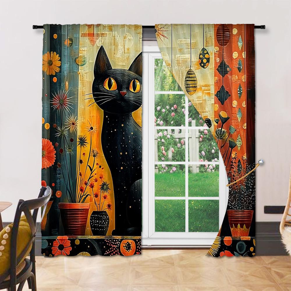 Rideaux Transparents en Polyester Polyvalents Décoration de Maison Chat Floral Utilisation Chambres à Coucher Salons Ensemble de 2 Rideaux Lavables Prêt pour la Pièce