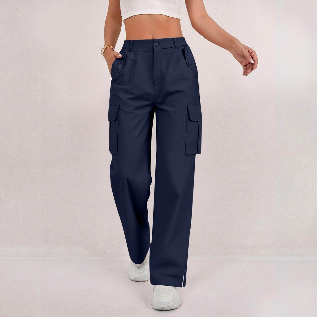 Women's Fashion Relaxed-Fit Pocket Straight-Leg Pants Sporty Wide-Leg Pants High-Waisted Casual Cropped Pants