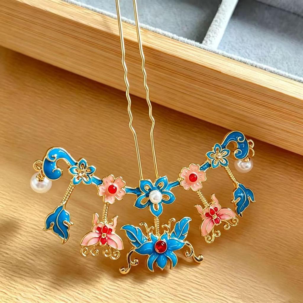 Chinese Butterfly Flower U-Shaped Hairpin: Elegant Hanfu Updo Accessory in Ancient Style