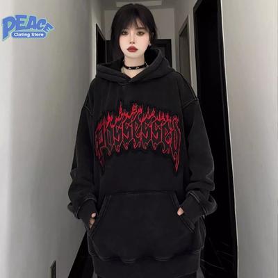 Sudadera con capucha con estampado de letras de llama retro para hombres y mujeres, tendencia de moda de otoño e invierno, top grueso cómodo e informal, ropa de calle