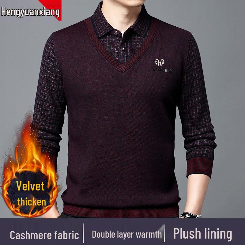 Hengyuanxiang Men's Pure Cashmere Two-Piece Look Thickened Winter Sweater
