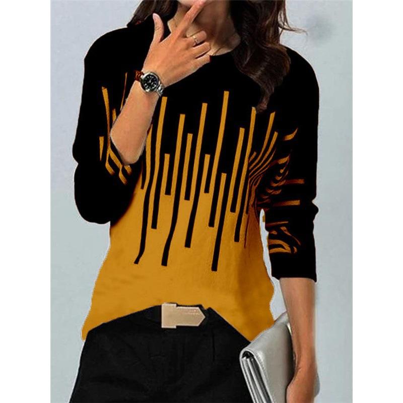 Women‘s Round Neck Long Sleeve Loose Fit T-Shirt Colorblock Print Plus Top