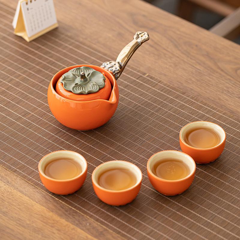 Compact Travel Tea Set with Automatic Rotating Teapot and Side Handle Kung Fu Cups