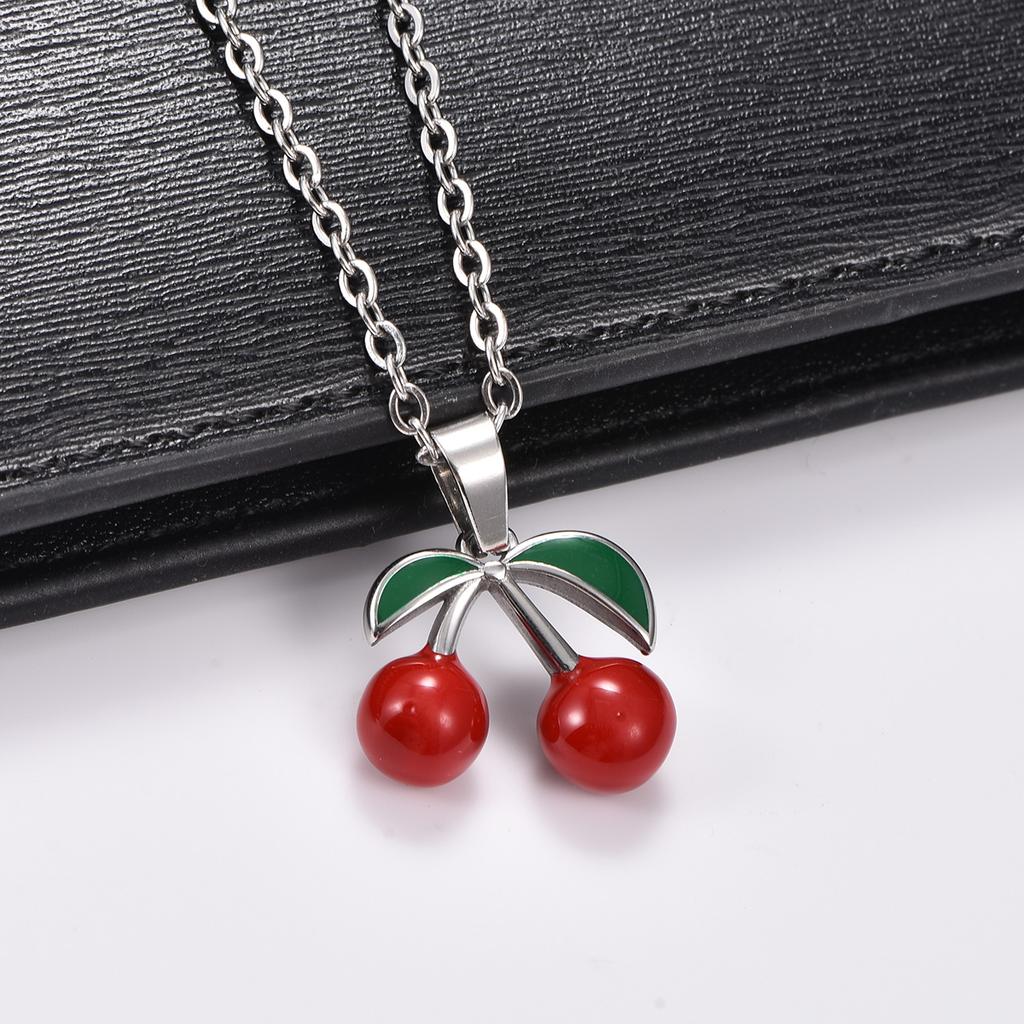 Sweet Stainless Steel Enamel Cherry Pendant Necklace for Women Men DIY Charms Chain Wedding Metal Jewelry Making Accessories