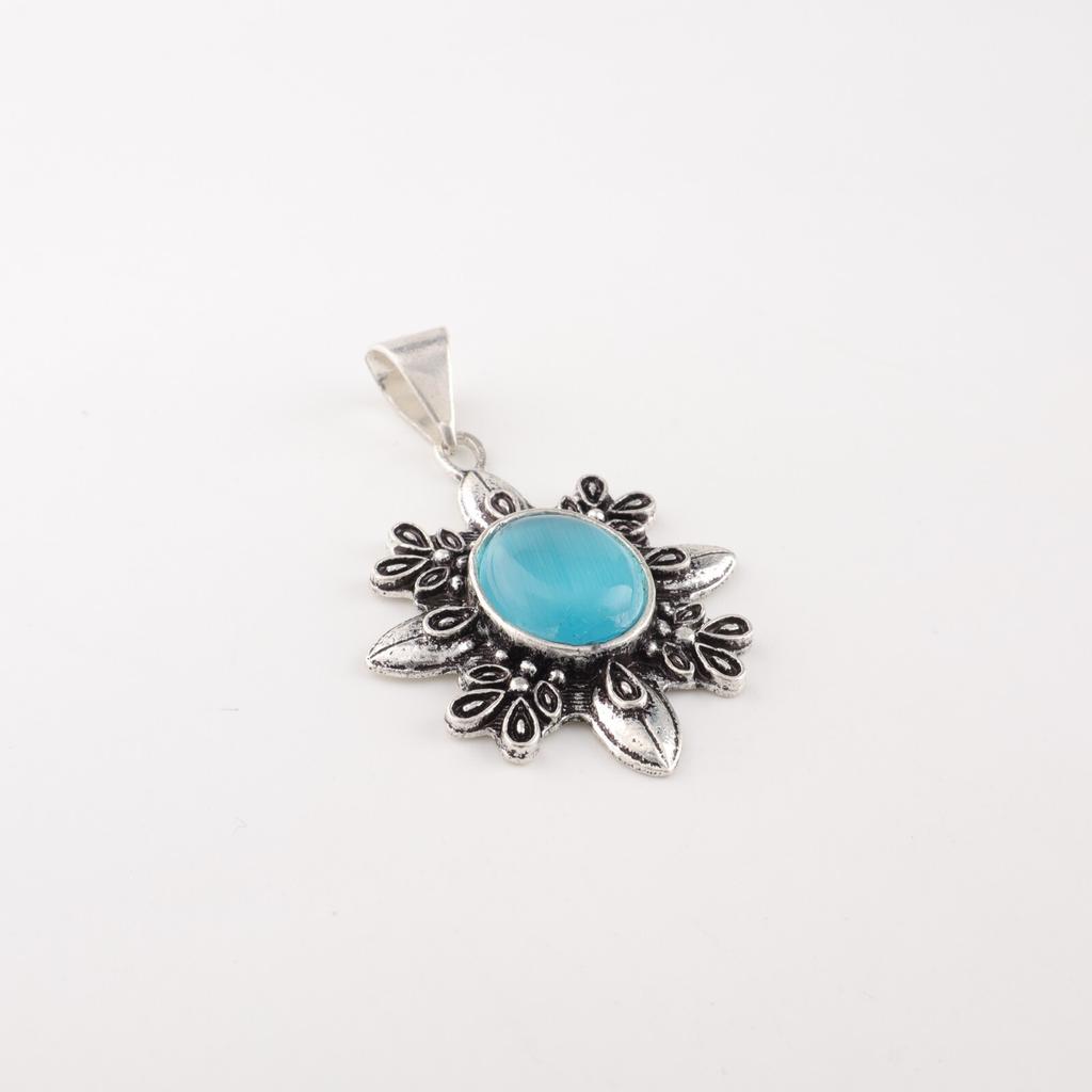 Natura Blue Cat's Eye Gemstone 925 Stamped Silver Jewelry Handmade Pendant 1.62" CP-12-43