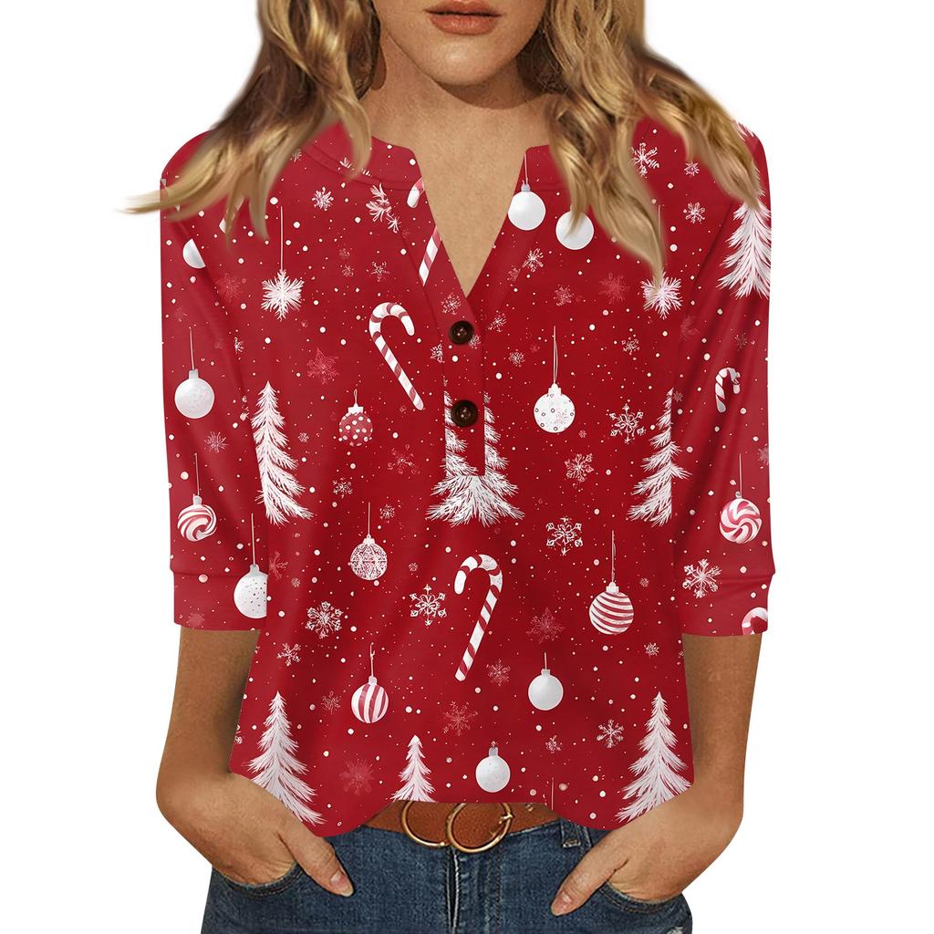 Women's T Shirt Christmas Print Button 3/4 Sleeve Daily Weekend Fashion Basic V- Neck Regular Top