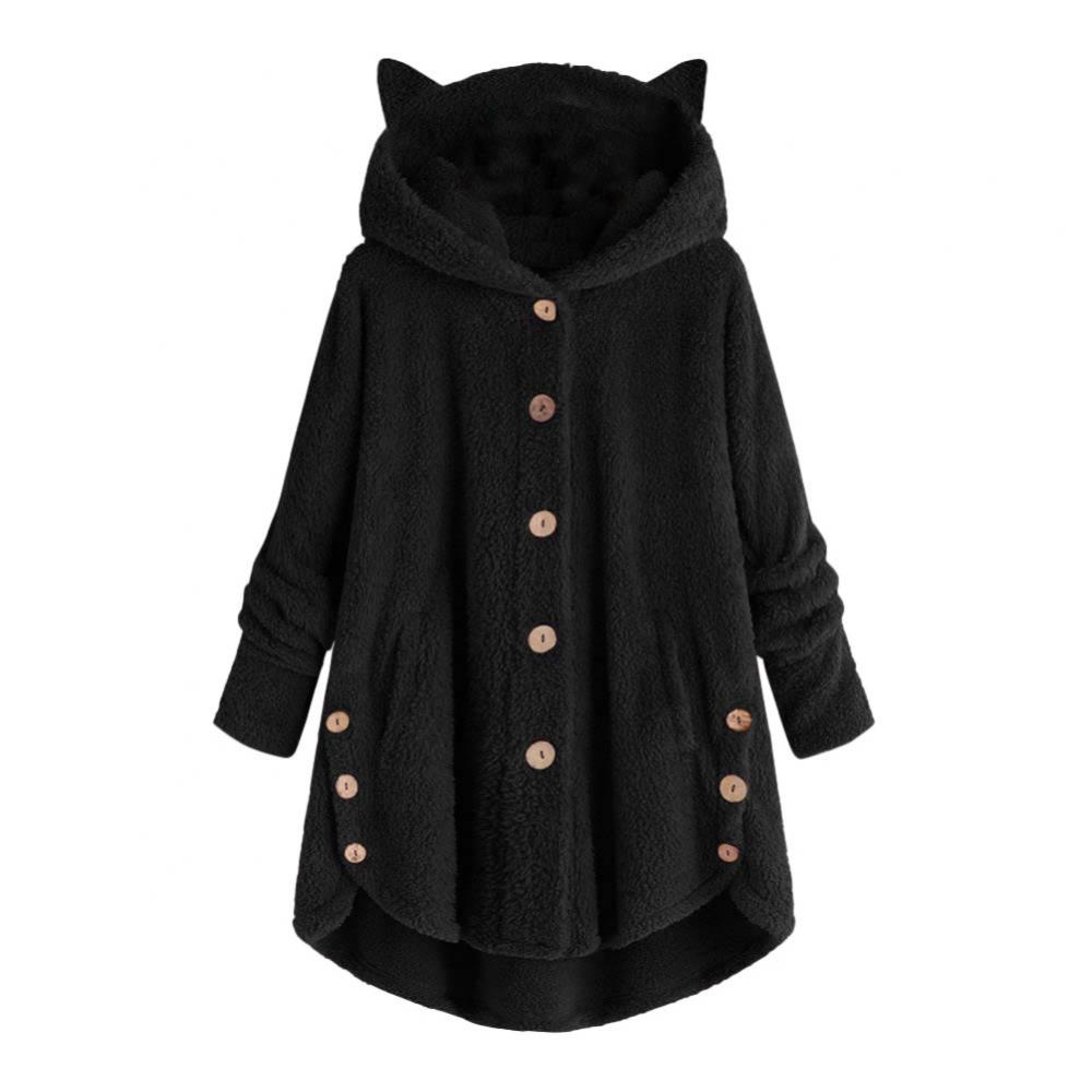 Fleece Women Winter Coat Cute Cats Ears Hooded Spring Fluffy Jacket Irregular Hem Buttons Jacket Oversize Soft Kawaii Plush Coat