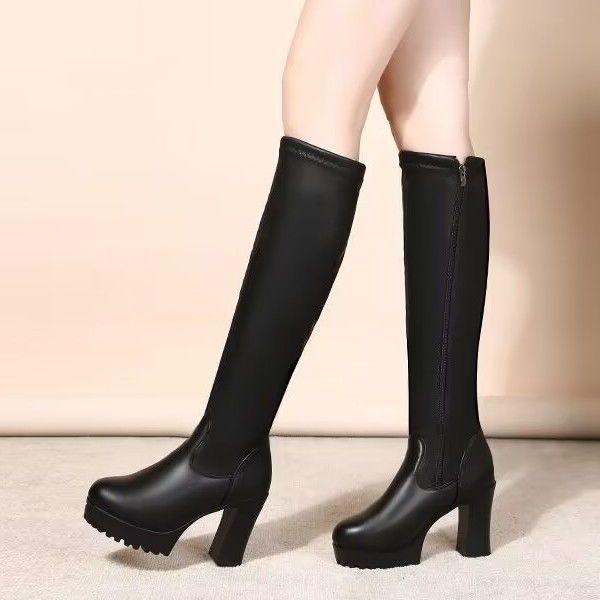 Fleece thermal long leather boots women's super high heel side zipper knee boots high heel waterproof table long boots 2025 winter