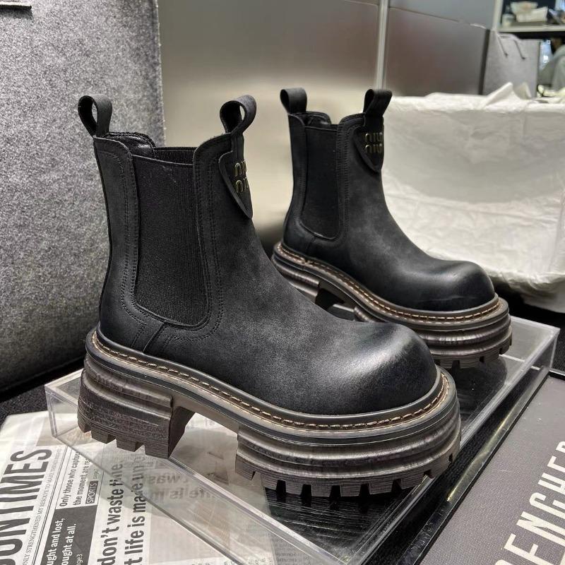Martin Boots Women's Autumn and Winter New Thick-soled Round Head Thick Heel Versatile Polished Chelsea Boots Short Boots