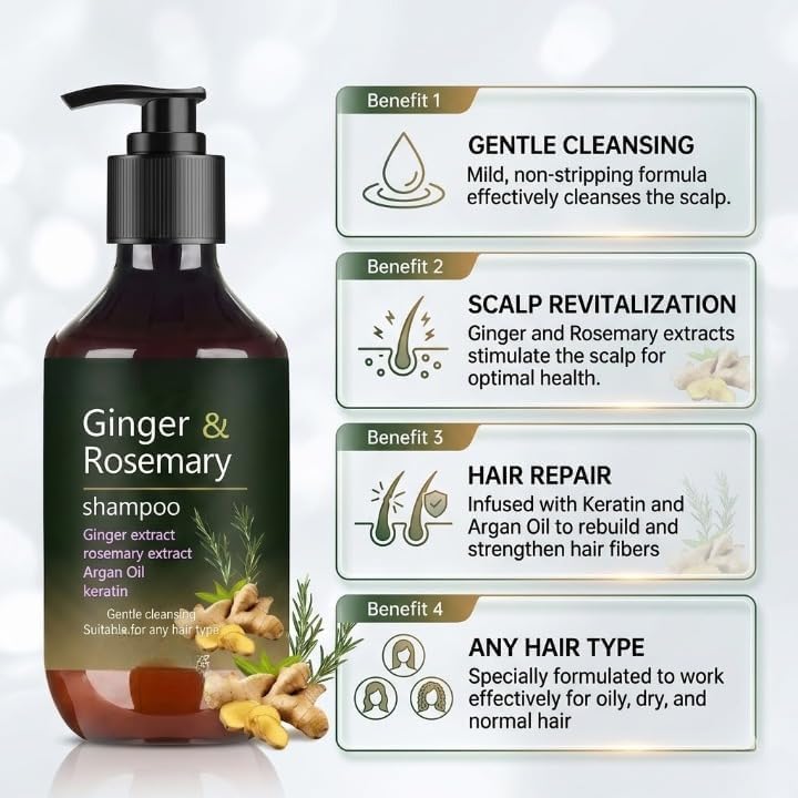 Ginger & Rosemary Shampoo with Argan Oil & Keratin for Men & Women | Nourishing Herbal Hair Cleanser | Gentle Daily Shampoo for Dry & Damaged Hair