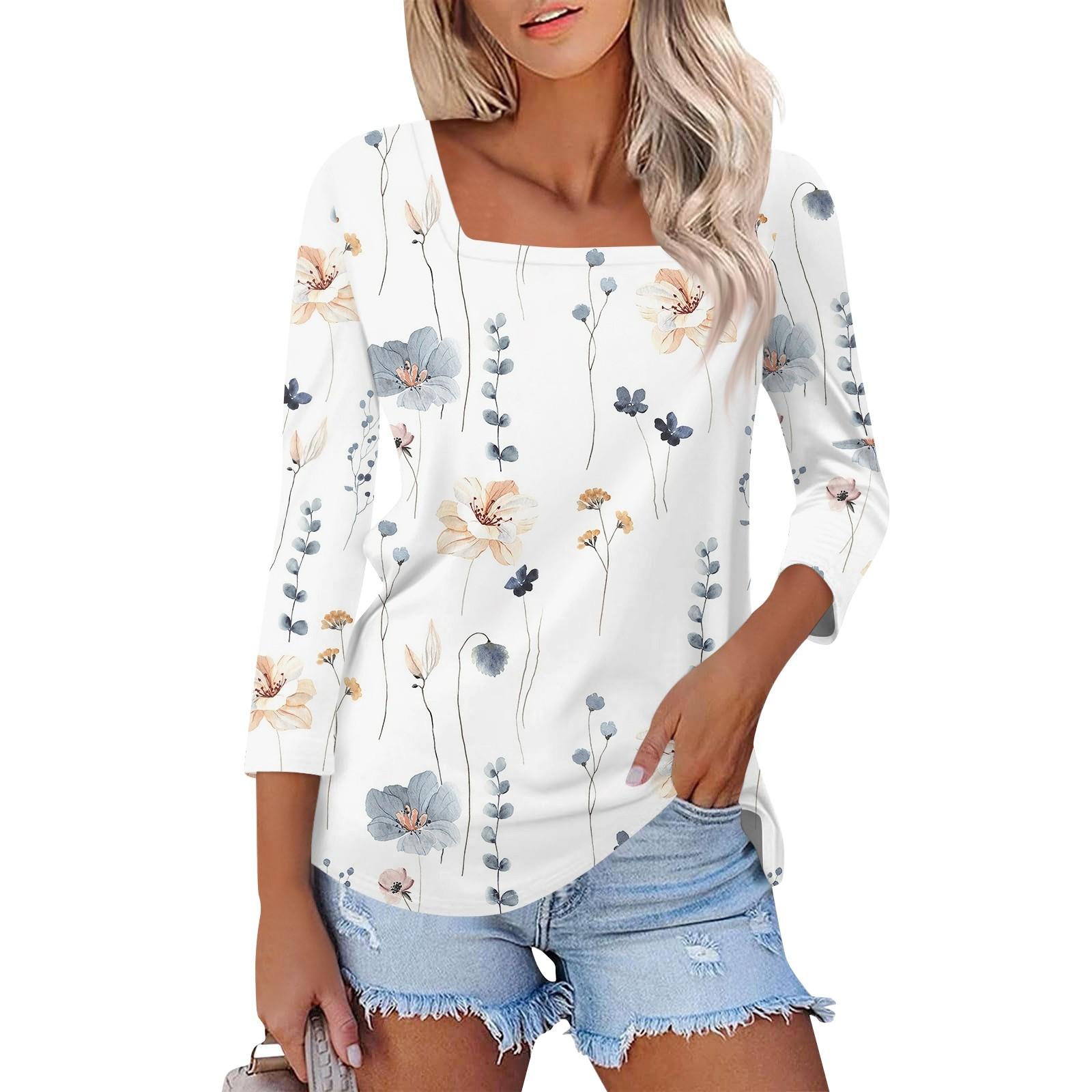 

Рубашка для женщин, модная повседневная свободная футболка с квадратным вырезом и рукавами 3/4, женский топ M белый