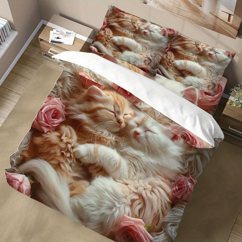 Lifesmells 2/3pcs Kitten and Rose Duvet Cover Set Romantic Cat and Flower Bed Cover Set Cozy and Adorable Bedding Set