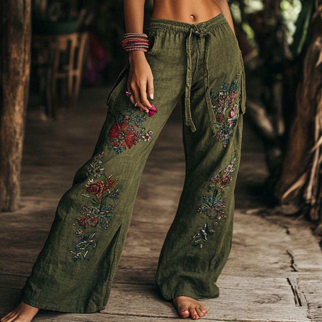 

2026 Summer Fashion Printed Wide-Leg Pants with Waist Tie S оливковое зеленый