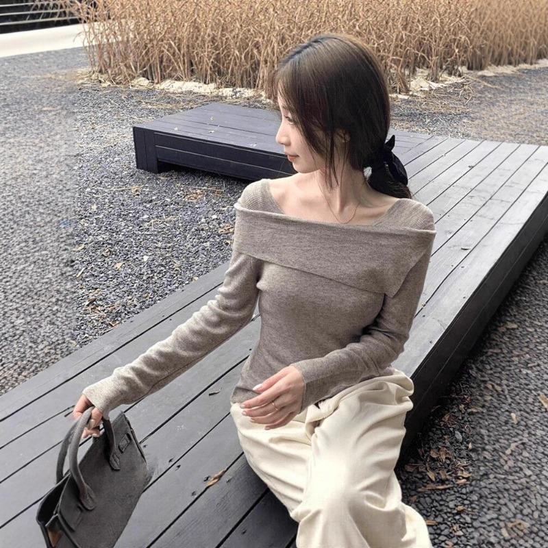 Irregular one-word shoulder sweater women's spring slim-fit babes top chic knitted bottoming shirt