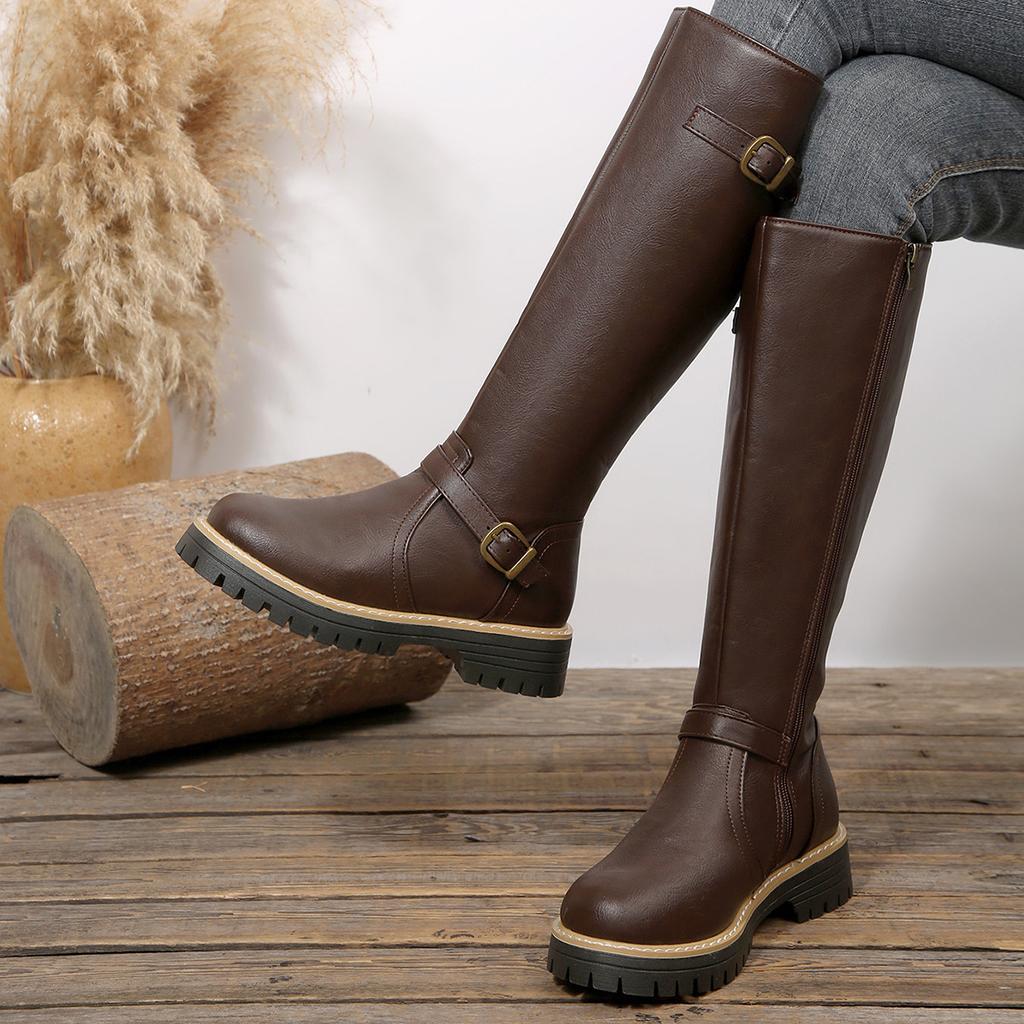Cizme Dama cu Toc Înalt și Lățime Mare, Cizme Lungi cu Fermoar și Cataramă Pătrată, Stil European, Cizme de Iarnă Peste Genunchi