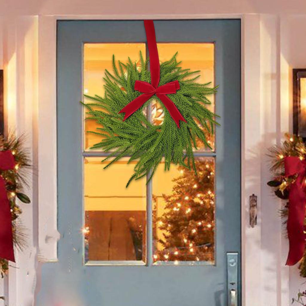 Pre,Lit Artificial  Wreath,  Artificial  Garland For Front Door With Red Bow, Cones, Red Berries,