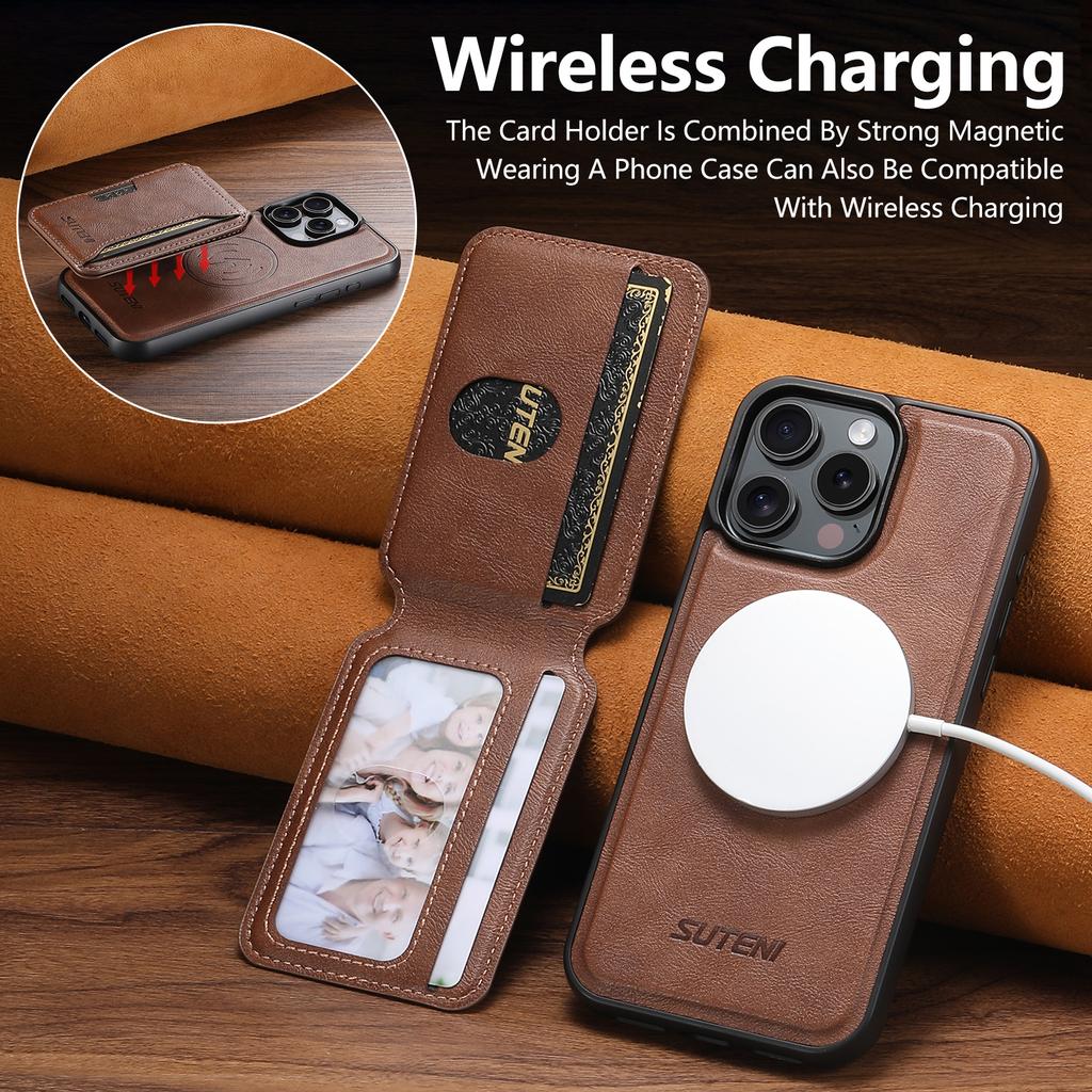 SUTENI M3 For iPhone 15 Pro Max Magnetic Case Cowhide Texture Leather Back Cover with Card Bag Kickstand