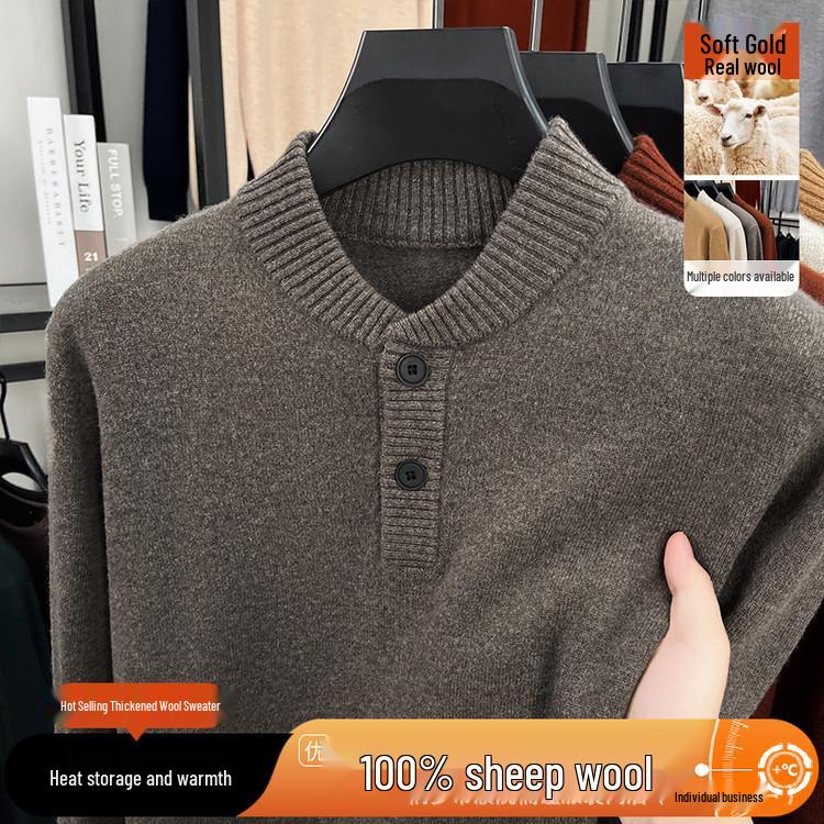 Men's Wool Sweater - Half-Button, Half-High Collar, Long Sleeve, Casual Knitwear for Autumn/Winter