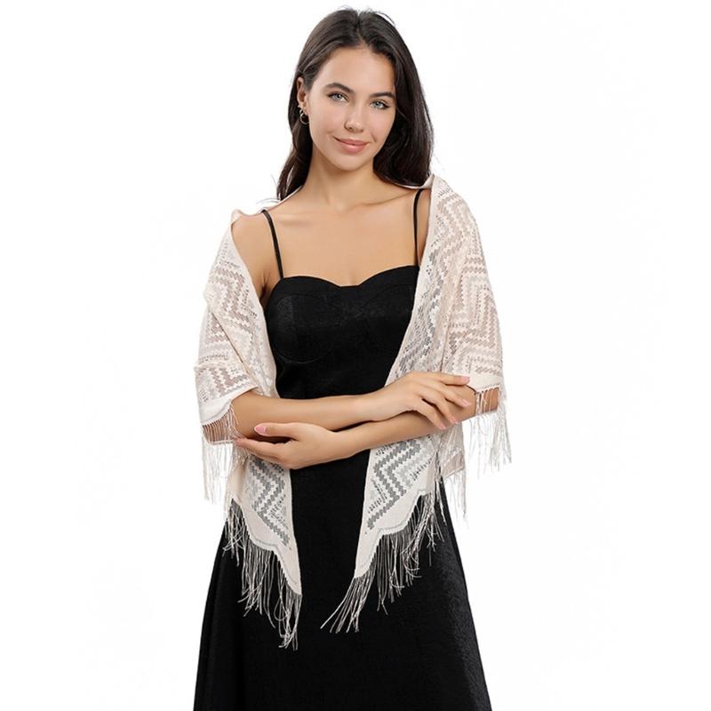 Women's Triangle Lace Shawl with Tassels Waved Shoulder Wrap Shawl Scarf for Bridal Gowns and Evening Parties