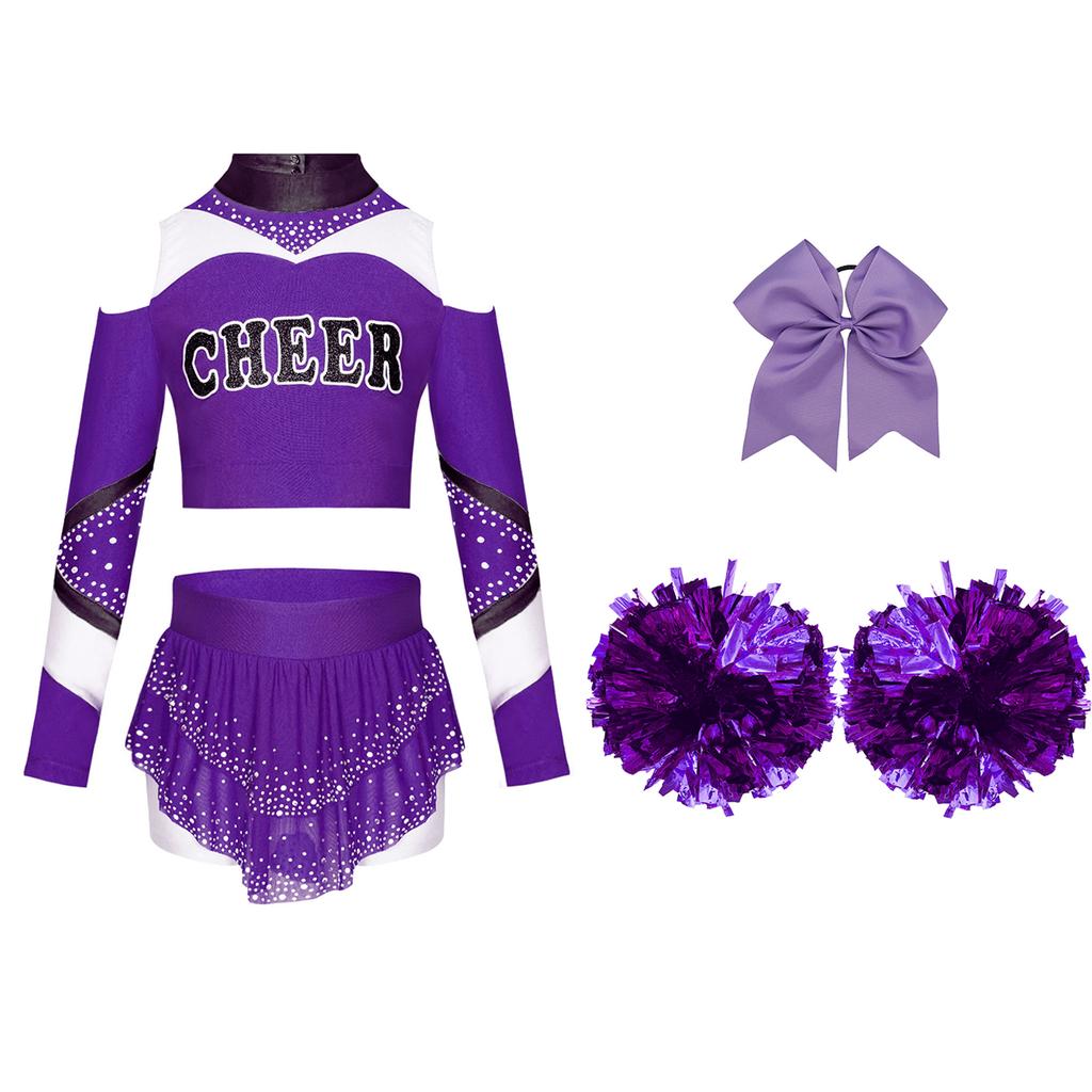 Dívčí cheerleadingová sada Odhalená ramena Dlouhý rukáv Zadní výstřih Klíčová dírka Barevný blok Potisk písmen Zkrácený top Kamínky Sukně Mašle Čelenka Pompony