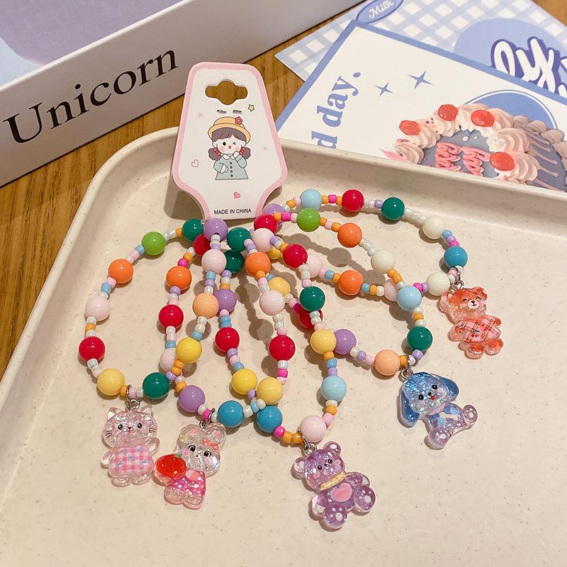 5-Piece Cute Resin Graffiti Beaded Bracelet Set for Little Girls - Cartoon Princess Design