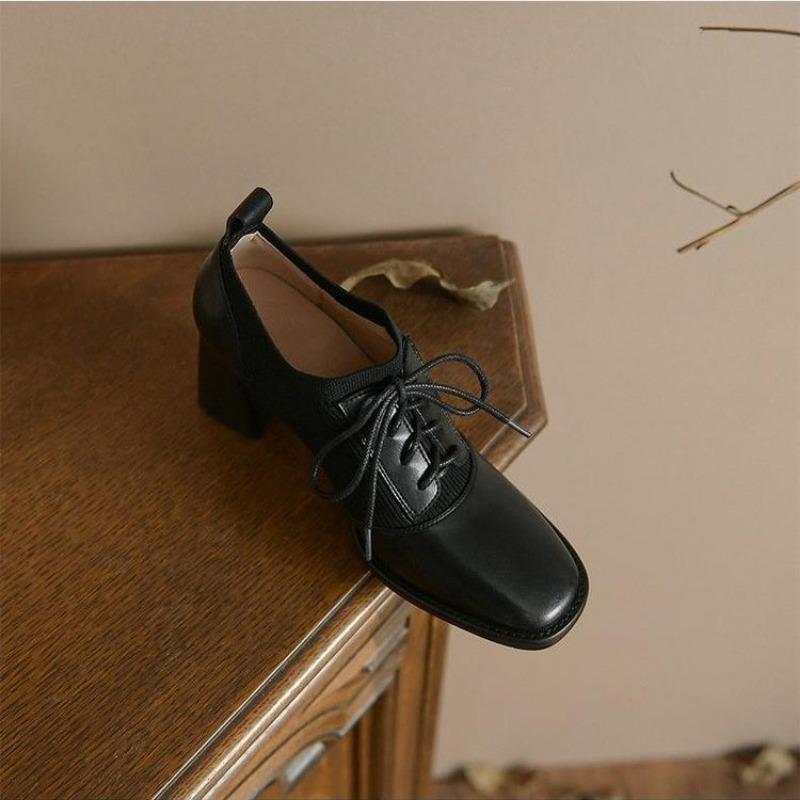New Thick Heel High Heels Women's Spring and Autumn Naked Boots Brown Knitted British Style Lace up Small Leather Shoes