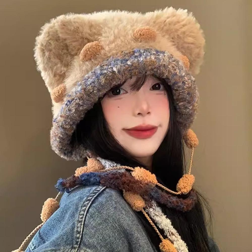 Fluffy Lei Feng Hat Ear Protection Winter Warm Hat Fashion Bear Ear Plush Hat Girls