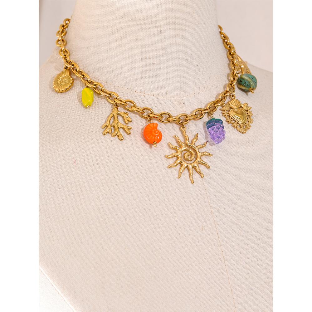 Yhpup Exquisite Ceramic Ocean Style Sun Pendant Necklace Fashion Trendy Stainless Steel Collar Arrivals Jewelry Recommend