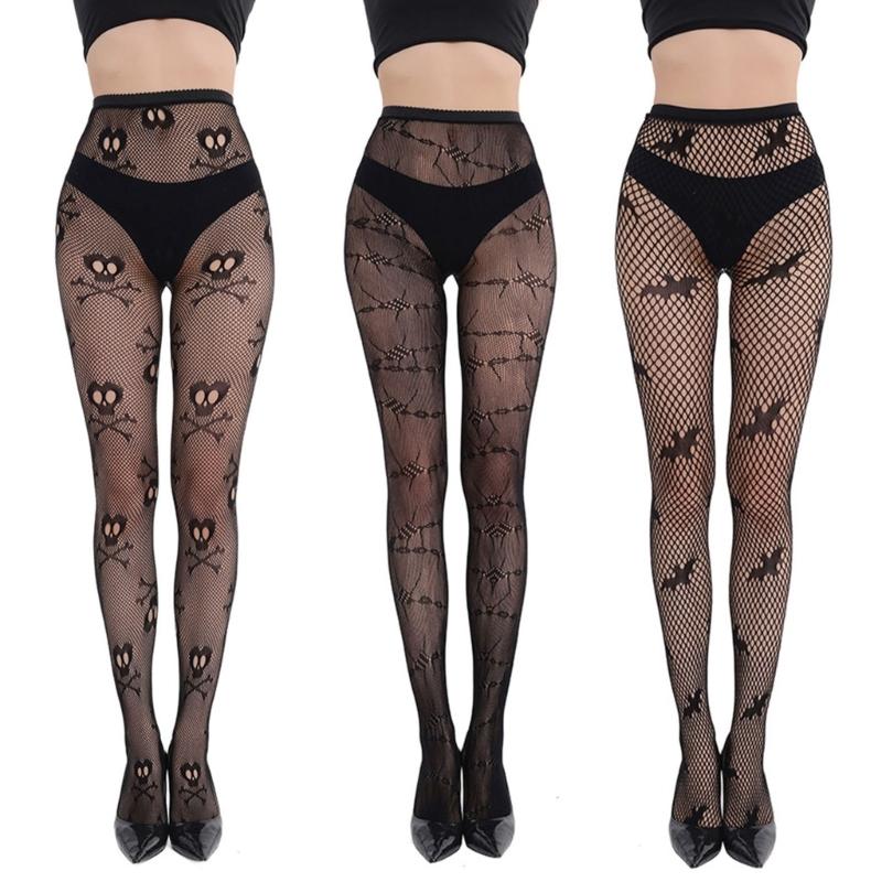 Women Halloween Party Fishnet Pantyhose Stockings Vintage Skull Skeleton Ghostly Patterned Mesh Tights Hosiery Clubwear