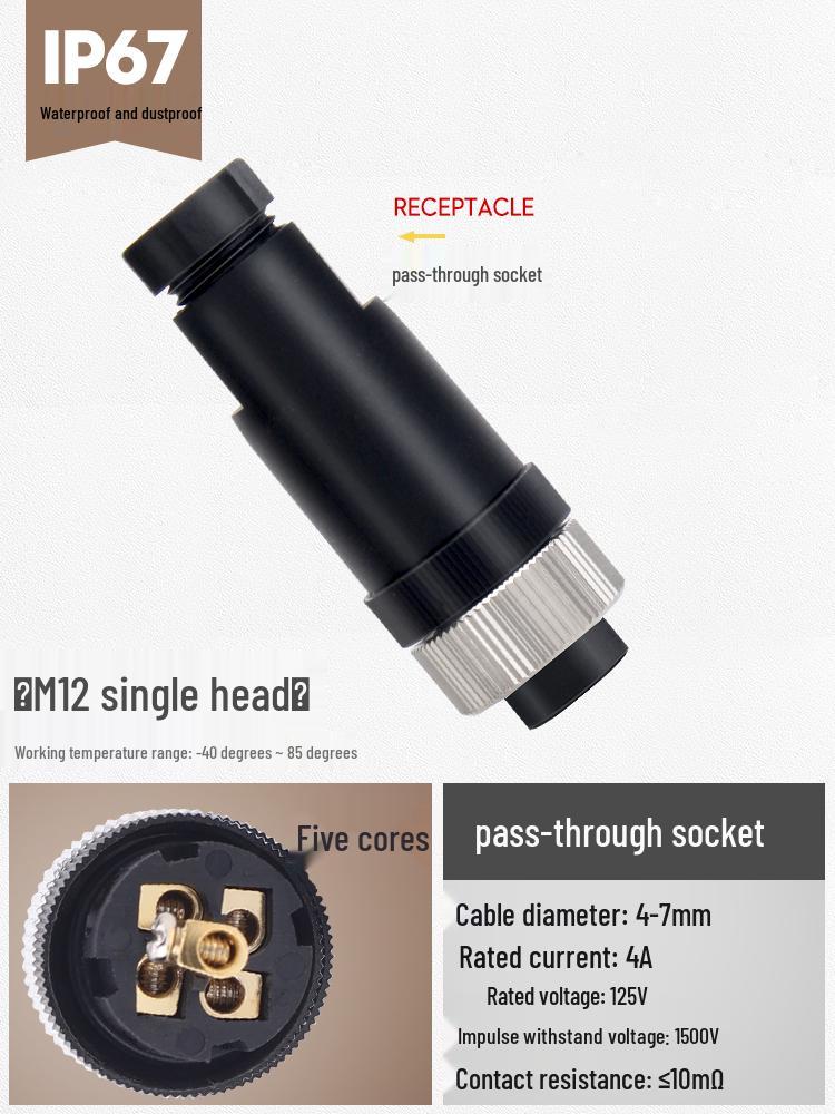 M12 Waterproof Sensor Connector: Male & Female Aviation Plug, 34-Pin, 5-Hole, 8P, Straight & Elbow, Three-Core Socket.