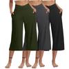 3 Pack Women Elastic High Waist 3/4 Pant Casual Active  Fit Wide Capris Leg Pants Trousers With Pockets